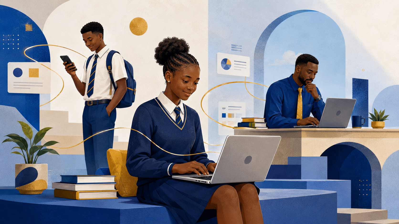 A student uses a laptop while another checks his phone and a teacher works nearby, connected by a flowing gold line.