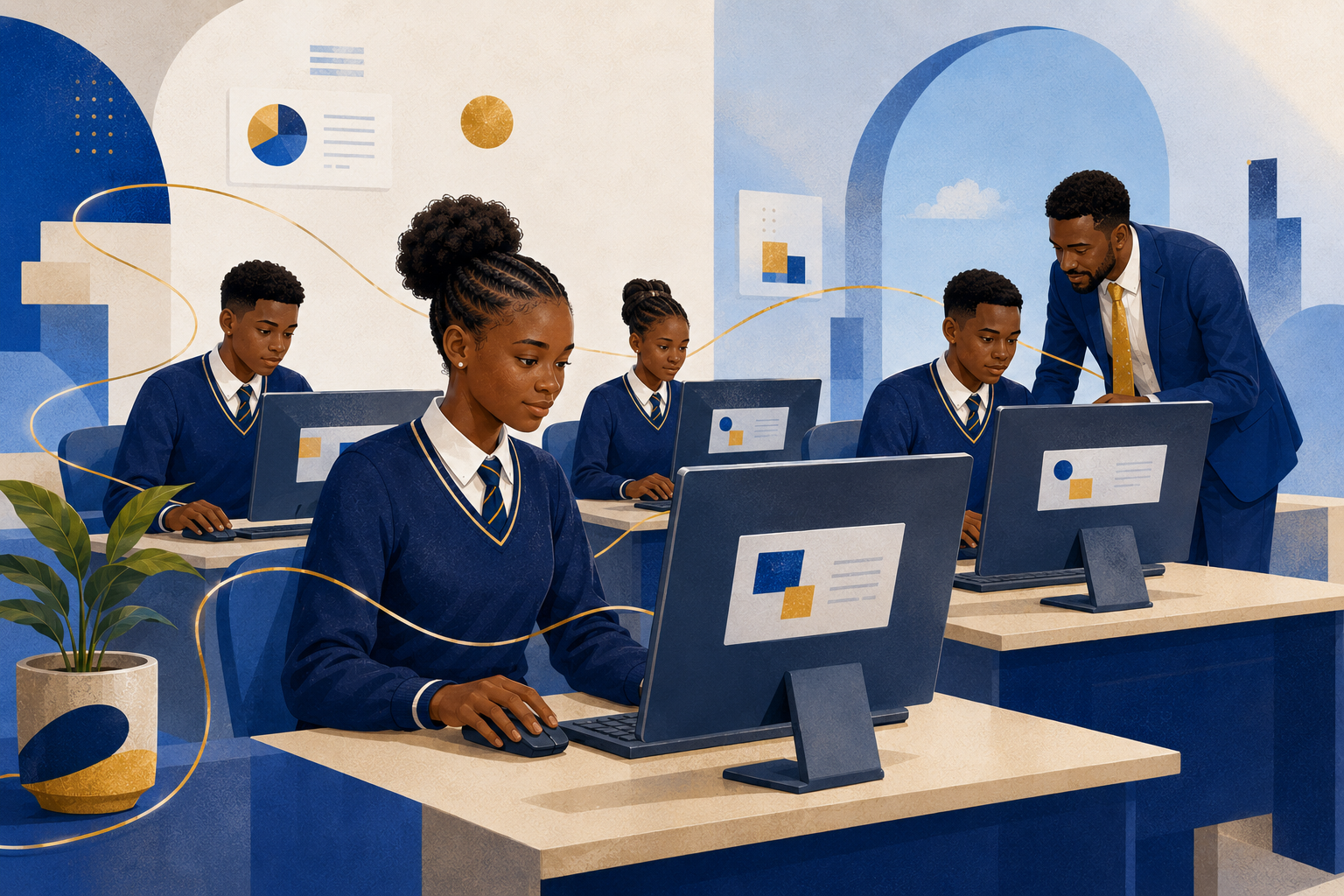 Students, a teacher, a parent, and an administrator connected through digital learning tools.